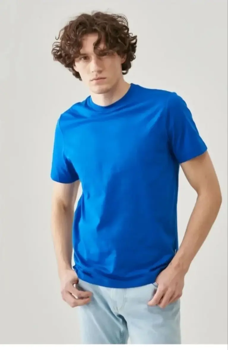 Tişört Kısa Kol Düz Bisikilet Yaka Oversize T-shirt - Mavi