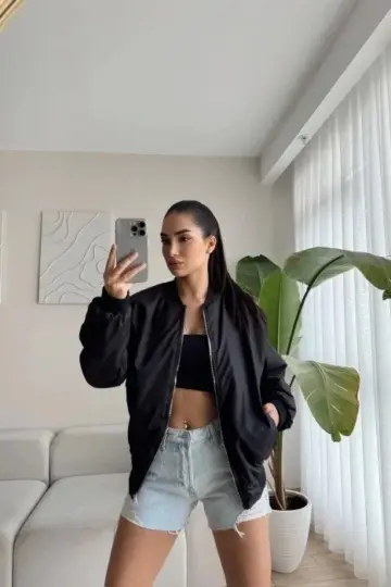 Siyah Bomber Mont Oversize Kalıp Fermuarlı Cepli  - Siyah