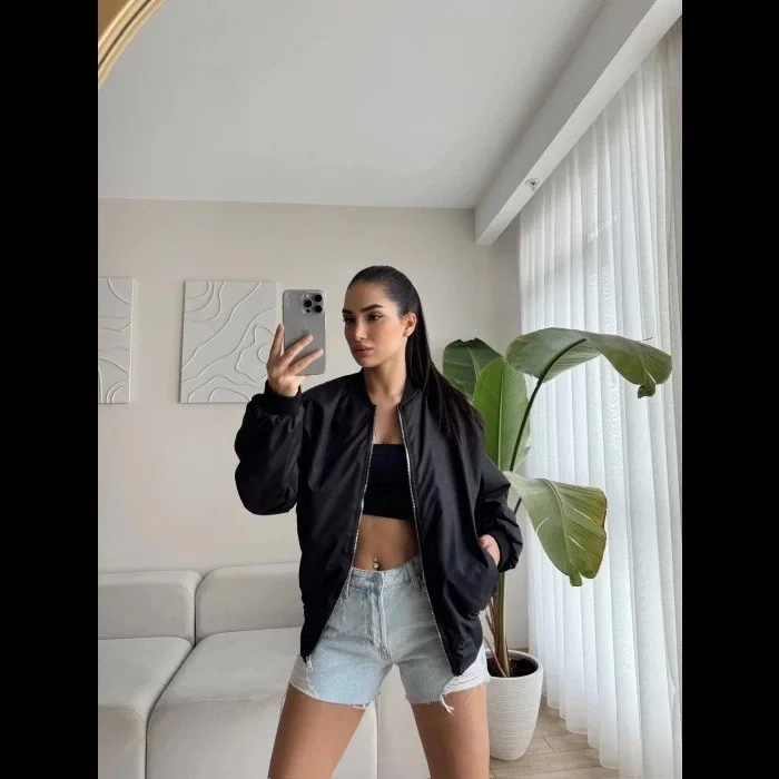 Siyah Bomber Mont Oversize Kalıp Fermuarlı Cepli  - Siyah