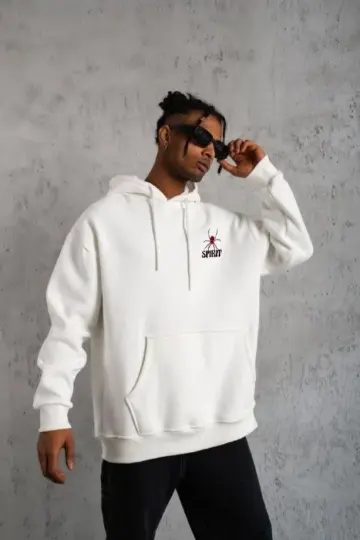 3 İplik Pamuklu Kapüşonlu Baskılı Cepli Oversize Sweatshirt Hoodie - Beyaz