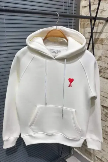 Oversize Kapüşonlu Cepli KALP Baskılı 3 İplik Pamuklu Hoodie Sweatshirt - Beyaz