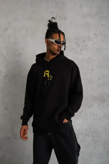 3 İplik Pamuklu Kapüşonlu Baskılı Cepli Oversize Sweatshirt Hoodie - Siyah