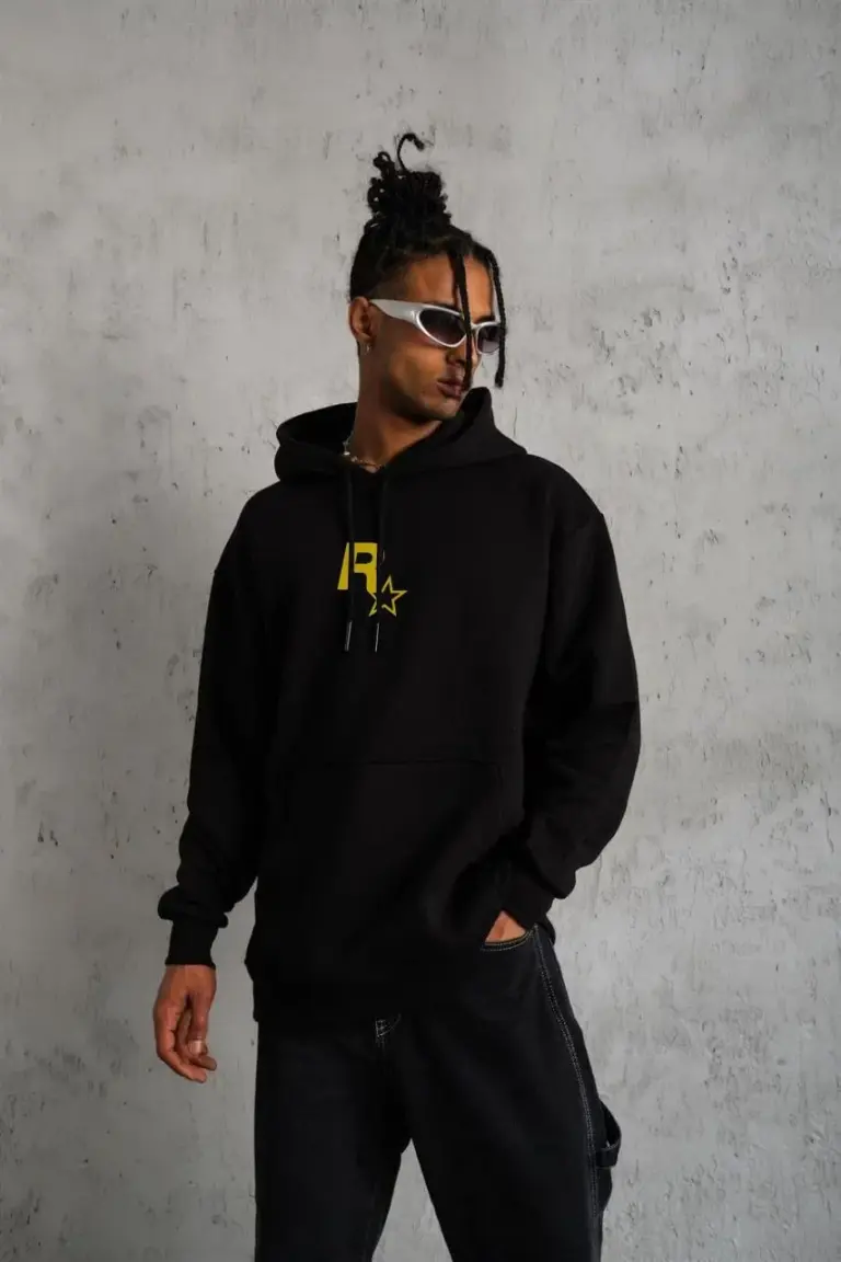 3 İplik Pamuklu Kapüşonlu Baskılı Cepli Oversize Sweatshirt Hoodie - Siyah