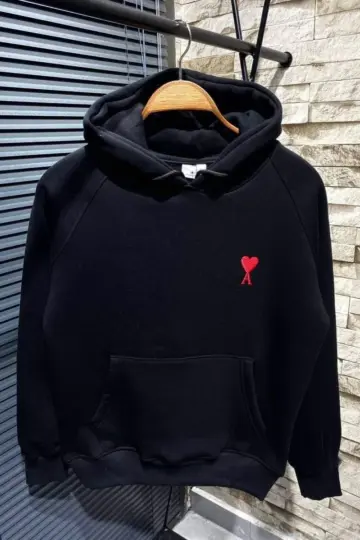 Oversize Kapüşonlu Cepli KALP Baskılı 3 İplik Pamuklu Hoodie Sweatshirt - Siyah