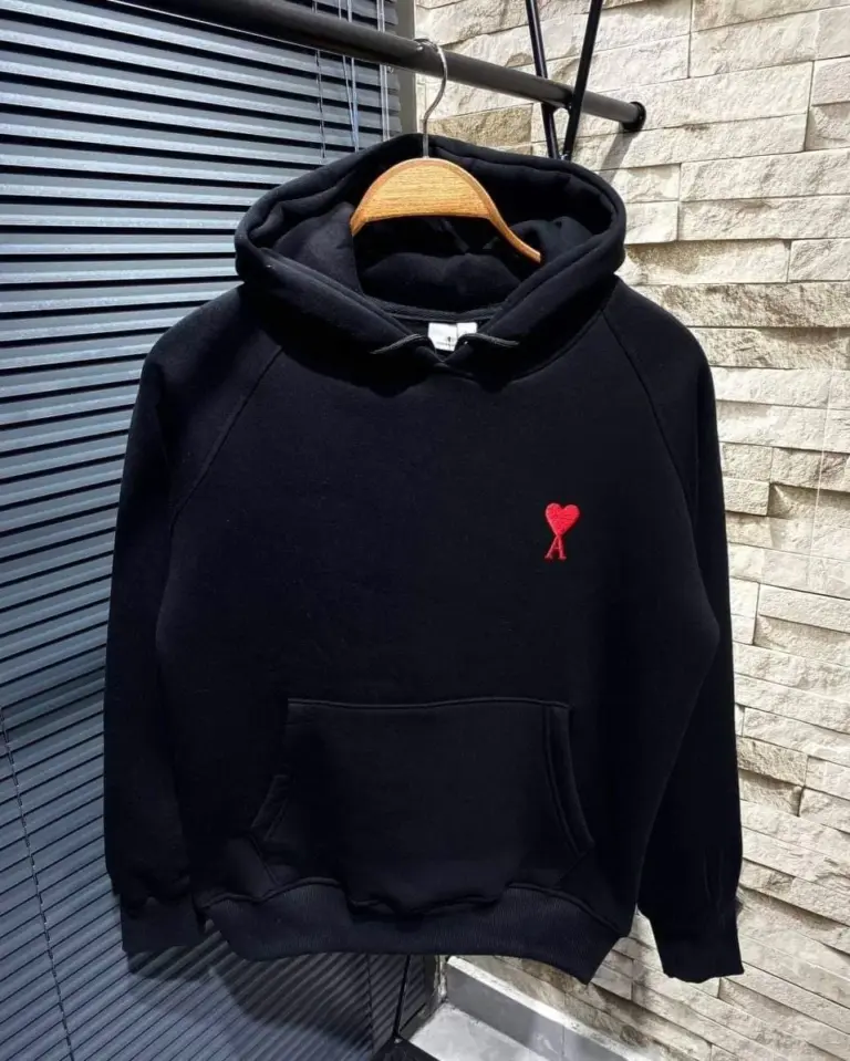 Oversize Kapüşonlu Cepli KALP Baskılı 3 İplik Pamuklu Hoodie Sweatshirt - Siyah
