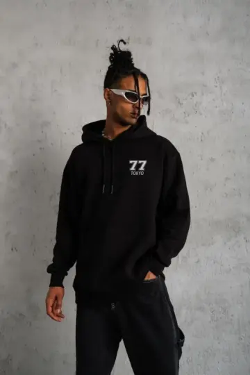 3 İplik Pamuklu Kapüşonlu Baskılı Cepli Oversize Sweatshirt Hoodie - Siyah