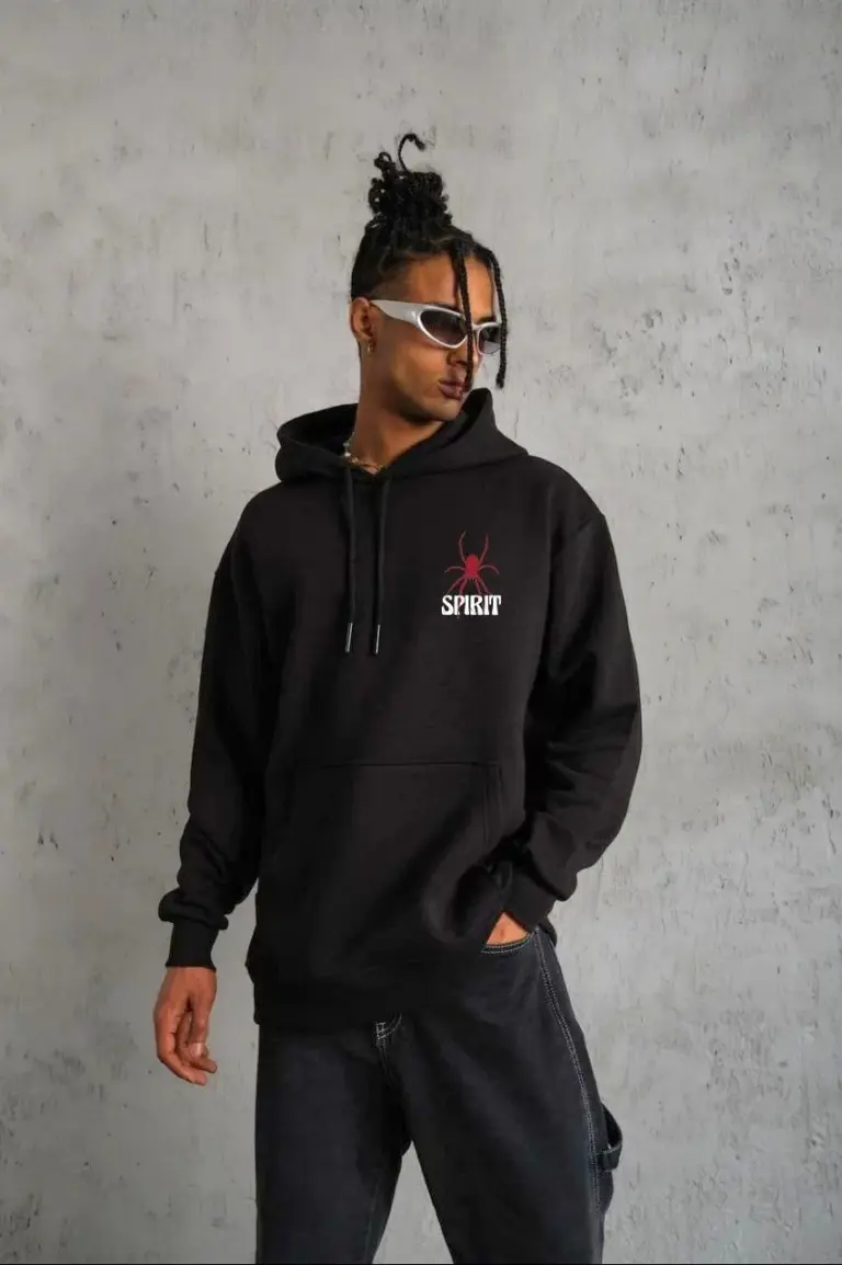 3 İplik Pamuklu Kapüşonlu Baskılı Cepli Oversize Sweatshirt Hoodie - Siyah