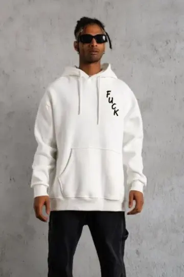 3 İplik Pamuklu Kapüşonlu Baskılı Cepli Oversize Sweatshirt Hoodie - Beyaz
