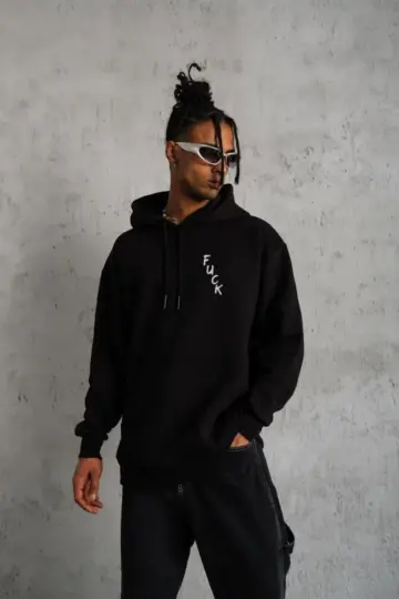 3 İplik Pamuklu Kapüşonlu Baskılı Cepli Oversize Sweatshirt Hoodie - Siyah