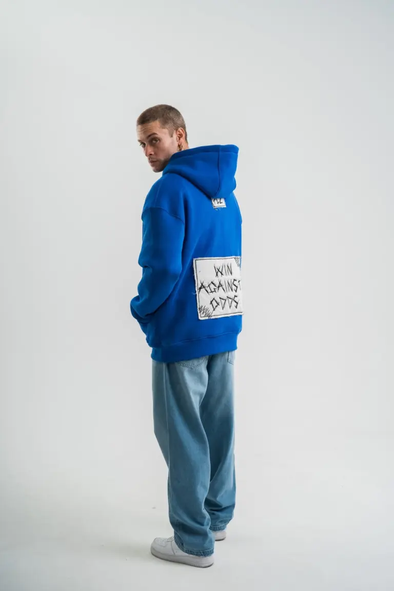 3 iplik Pamuklu Kapüşonlu Patchli Nakışlı Hoodie SweatShirt - Mavi