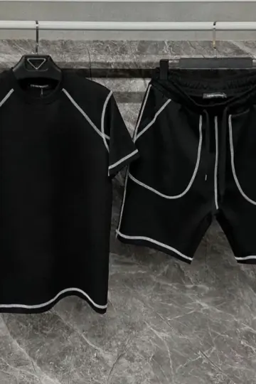 Karoyaka Dikişli Şortlu Alt-Üst Takım - Siyah