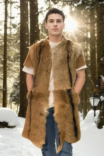 Premium Doğal Kürk deri Kolsuz Uzun Yelek - Kahve