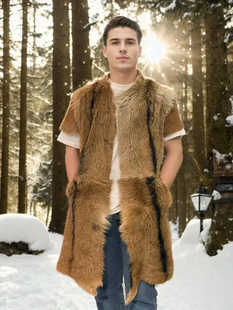 Premium Doğal Kürk deri Kolsuz Uzun Yelek - Kahve