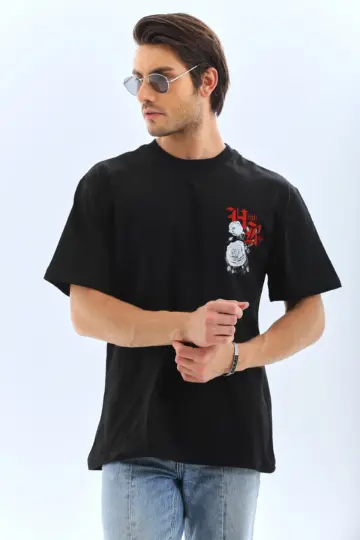 Baskılı T-Shirt Kısa Kol Bisiklet Yaka Rahat Kalıp Tişört  - Siyah