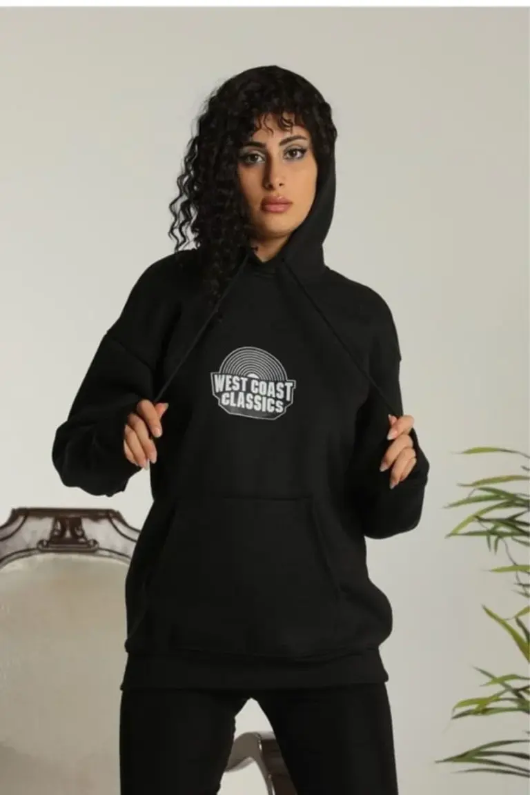 Oversize Kapüşonlu Cepli Baskılı 3 İplik Pamuklu Hoodie Sweatshirt - Siyah