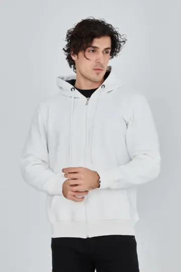 3 İplik Pamuklu Kapüşonlu Tam Fermuarlı Cepli Hoodie Sweatshirt - Beyaz