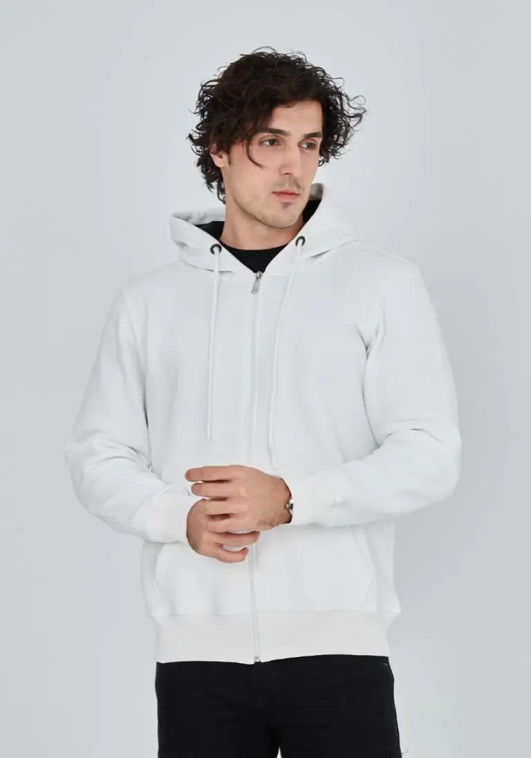 3 İplik Pamuklu Kapüşonlu Tam Fermuarlı Cepli Hoodie Sweatshirt - Beyaz