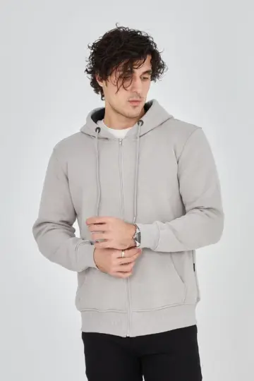 3 İplik Pamuklu Kapüşonlu Tam Fermuarlı Cepli Hoodie Sweatshirt - Boyalı Gri