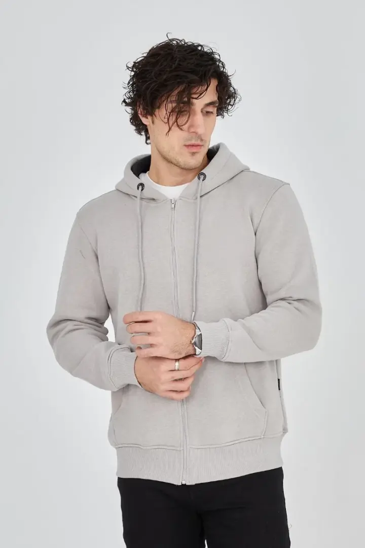 3 İplik Pamuklu Kapüşonlu Tam Fermuarlı Cepli Hoodie Sweatshirt - Boyalı Gri