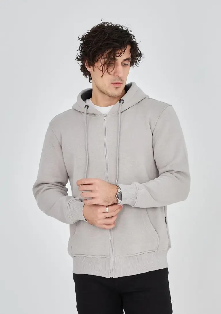 3 İplik Pamuklu Kapüşonlu Tam Fermuarlı Cepli Hoodie Sweatshirt - Boyalı Gri