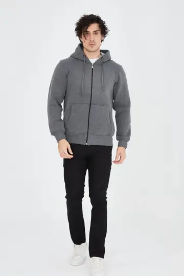 3 İplik Pamuklu Kapüşonlu Tam Fermuarlı Cepli Hoodie Sweatshirt - Füme