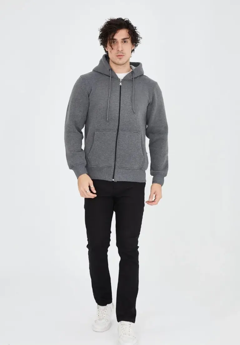 3 İplik Pamuklu Kapüşonlu Tam Fermuarlı Cepli Hoodie Sweatshirt - Füme