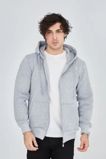 3 İplik Pamuklu Kapüşonlu Tam Fermuarlı Cepli Hoodie Sweatshirt - Gri