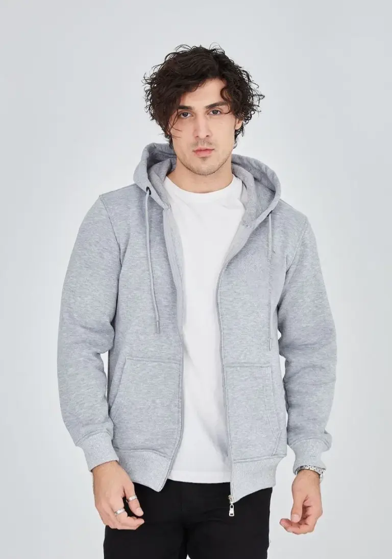 3 İplik Pamuklu Kapüşonlu Tam Fermuarlı Cepli Hoodie Sweatshirt - Gri