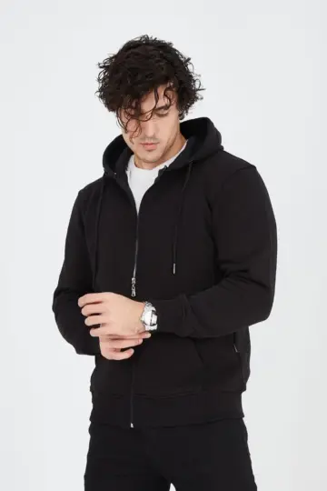 3 İplik Pamuklu Kapüşonlu Tam Fermuarlı Cepli Hoodie Sweatshirt - Siyah