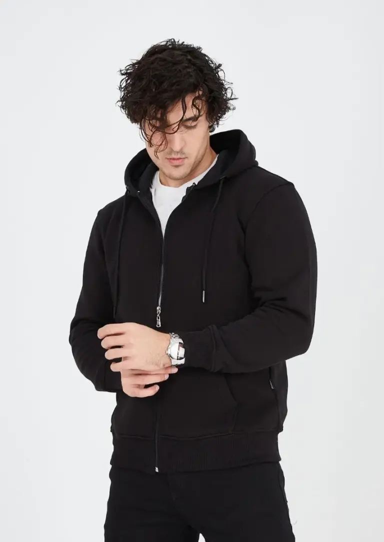 3 İplik Pamuklu Kapüşonlu Tam Fermuarlı Cepli Hoodie Sweatshirt - Siyah