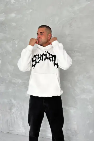 3 İplik Pamuklu Kapüşonlu Baskılı Cepli Oversize Sweatshirt Hoodie - Beyaz