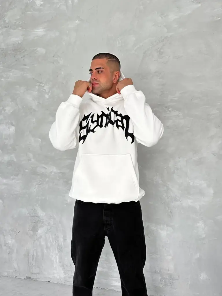 3 İplik Pamuklu Kapüşonlu Baskılı Cepli Oversize Sweatshirt Hoodie - Beyaz