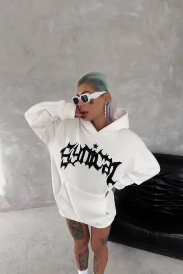 Oversize Kapüşonlu Cepli Baskılı 3 İplik Pamuklu Hoodie Sweatshirt - Beyaz