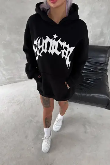 Oversize Kapüşonlu Cepli Baskılı 3 İplik Pamuklu Hoodie Sweatshirt - Siyah
