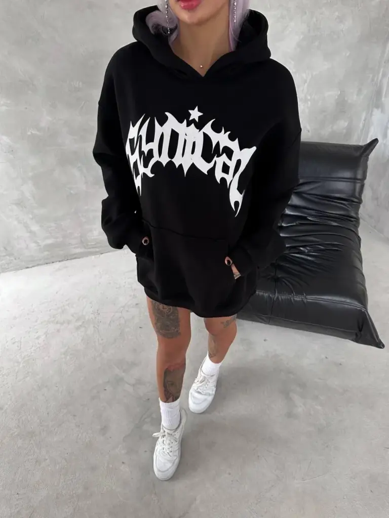 Oversize Kapüşonlu Cepli Baskılı 3 İplik Pamuklu Hoodie Sweatshirt - Siyah