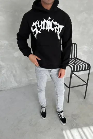 3 İplik Pamuklu Kapüşonlu Baskılı Cepli Oversize Sweatshirt Hoodie - Siyah