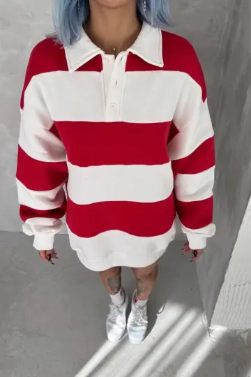 3 İplik Pamuklu Parçalı Yakalı SweatShirt - Kırmızı