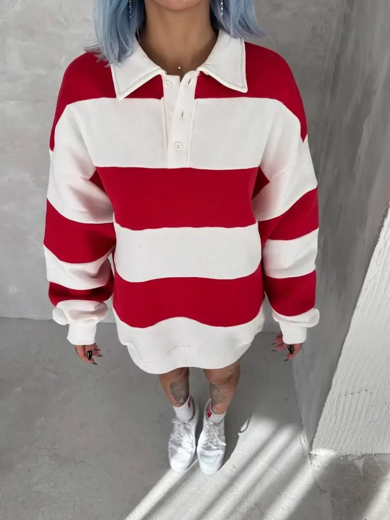 3 İplik Pamuklu Parçalı Yakalı SweatShirt - Kırmızı