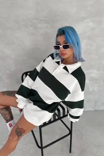 3 iplik Pamuklu Parçalı Yakalı SweatShirt - Yeşil