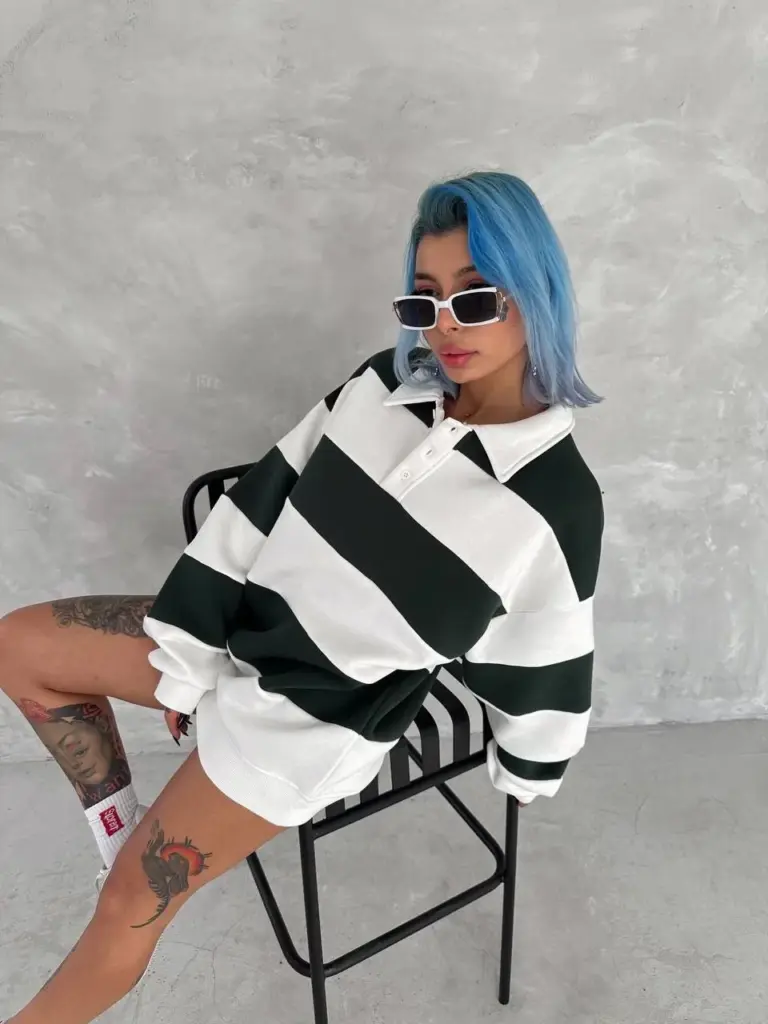 3 iplik Pamuklu Parçalı Yakalı SweatShirt - Yeşil