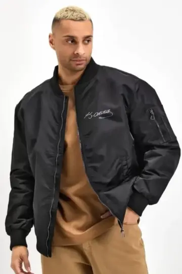 Bomber Mont Siyah Atatürk Silüet Baskılı Fermuarlı Cepli Kapitone Astarlı - Siyah