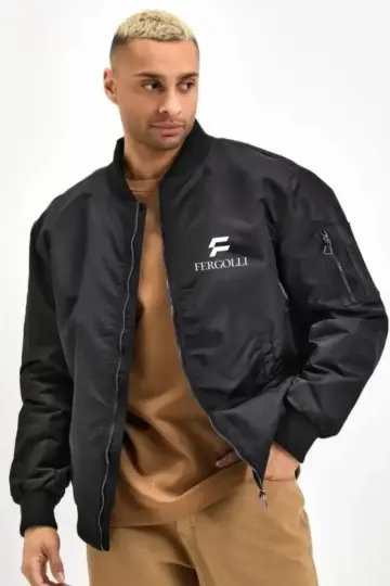 Siyah Bomber Mont Fergolli Logo Baskılı Fermuarlı Cepli Kapitone Astarlı - Siyah