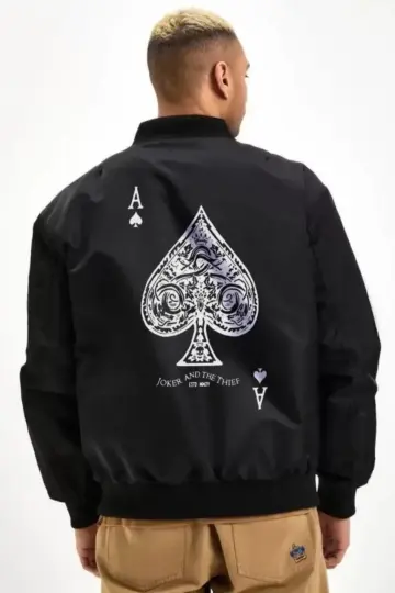 Bomber Mont Siyah Maça Ası Baskılı Fermuarlı Cepli Kapitone Astarlı Kış Mont - Siyah