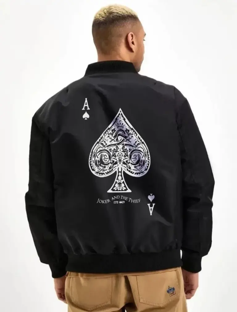 Bomber Mont Siyah Maça Ası Baskılı Fermuarlı Cepli Kapitone Astarlı Kış Mont - Siyah