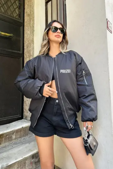 Polizei Bomber Mont Siyah Fermuarlı Cepli Kapitone Astarlı - Siyah