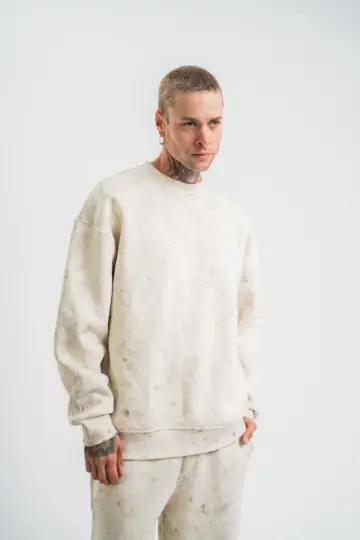 3 İplik Pamuklu Yağ Yıkamalı Bisiklet Yaka Sweatshirt Oversize Hoodie - Krem