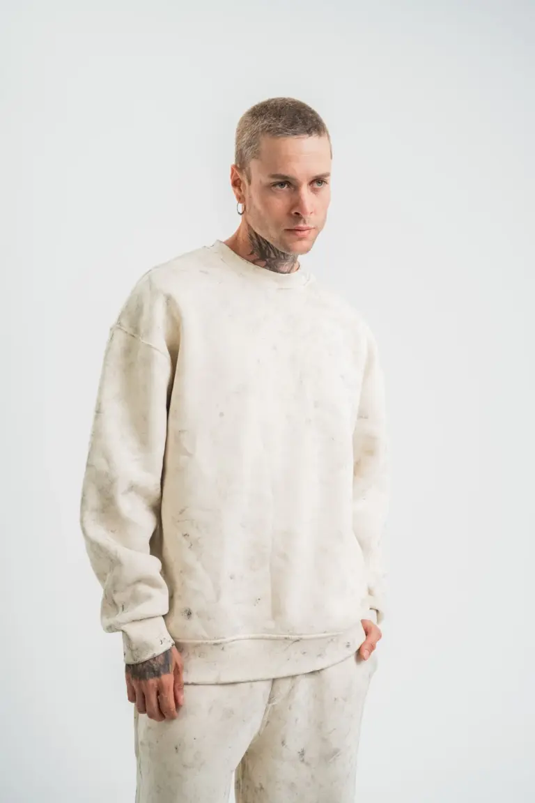 3 İplik Pamuklu Yağ Yıkamalı Bisiklet Yaka Sweatshirt Oversize Hoodie - Krem