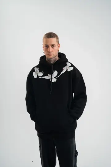 3 İplik Pamuklu Kapüşonlu Baskılı Cepli Oversize Sweatshirt Hoodie - Siyah