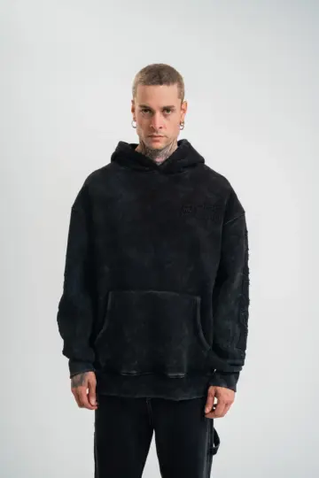 3 iplik Pamuklu Kapüşonlu Yıkamalı Nakışlı Hoodie SweatShirt - Siyah