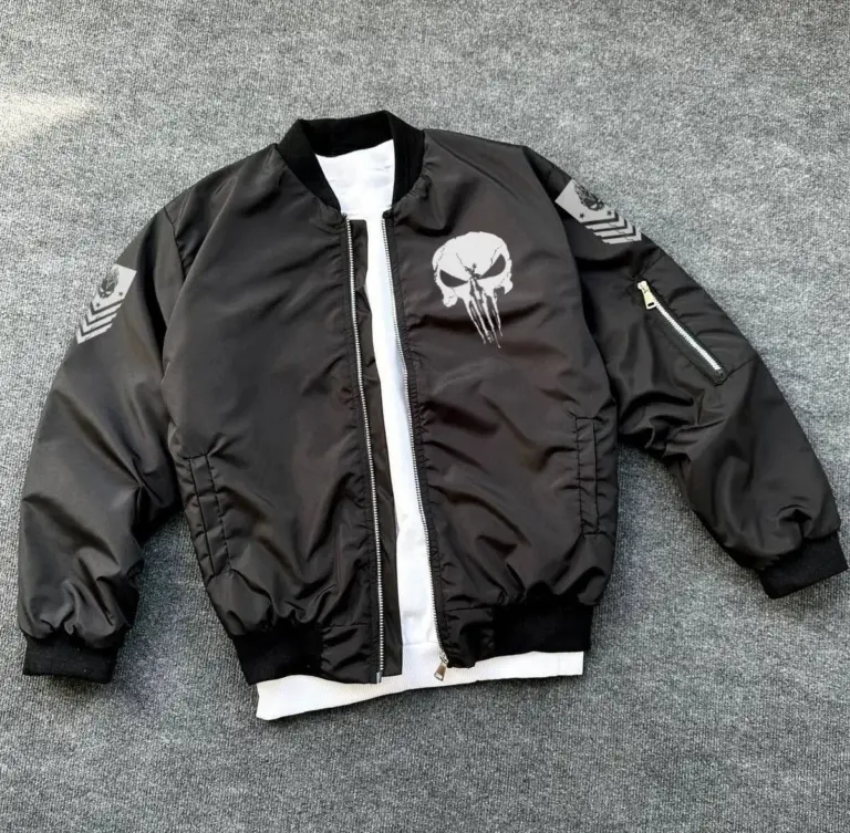 Siyah Askeri Tarz Bomber Mont Punisher Skull Detaylı Fermuarlı Cepli - Siyah